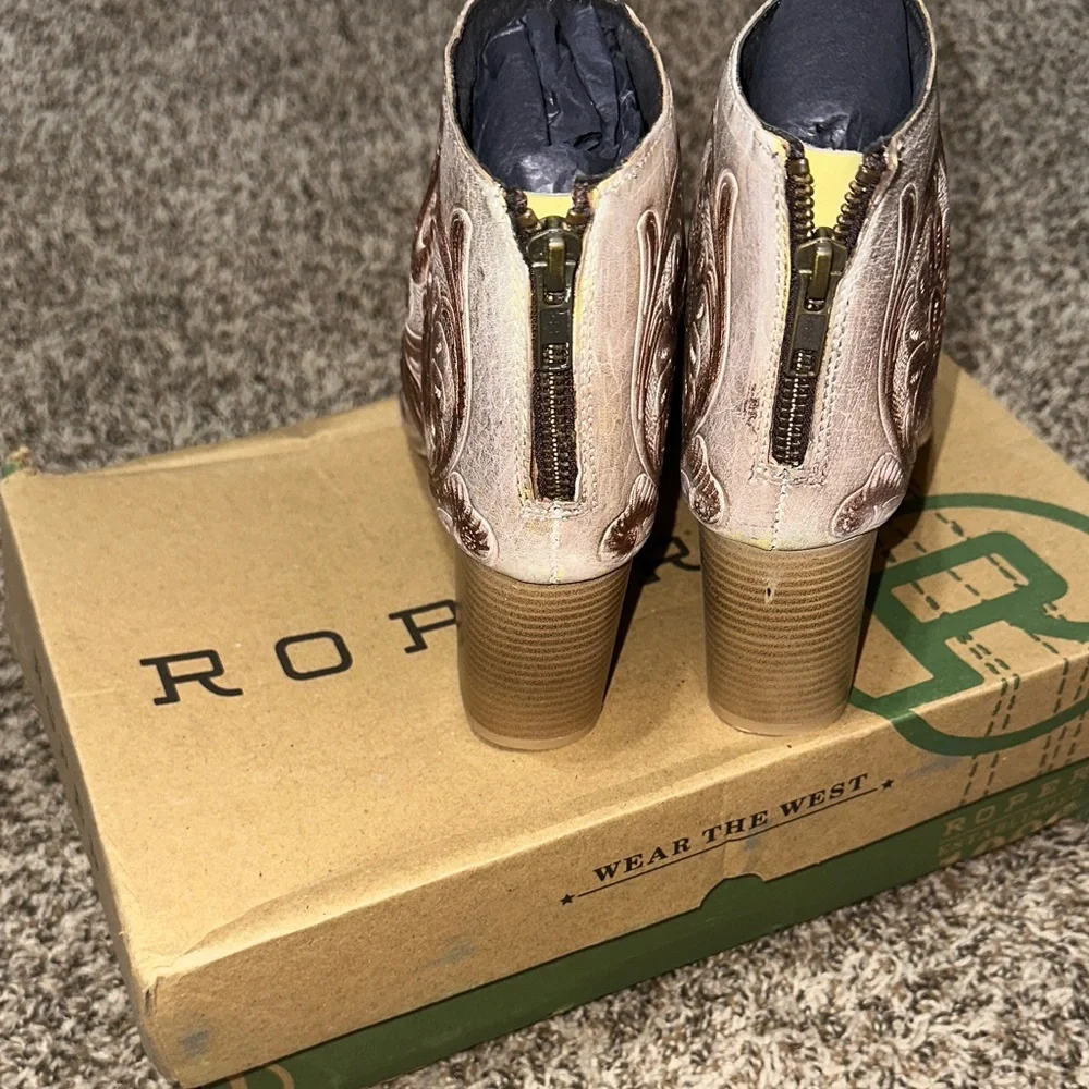 Roper Tan and Brown Embroidered Peep Toe Boots - Picture 4 of 6